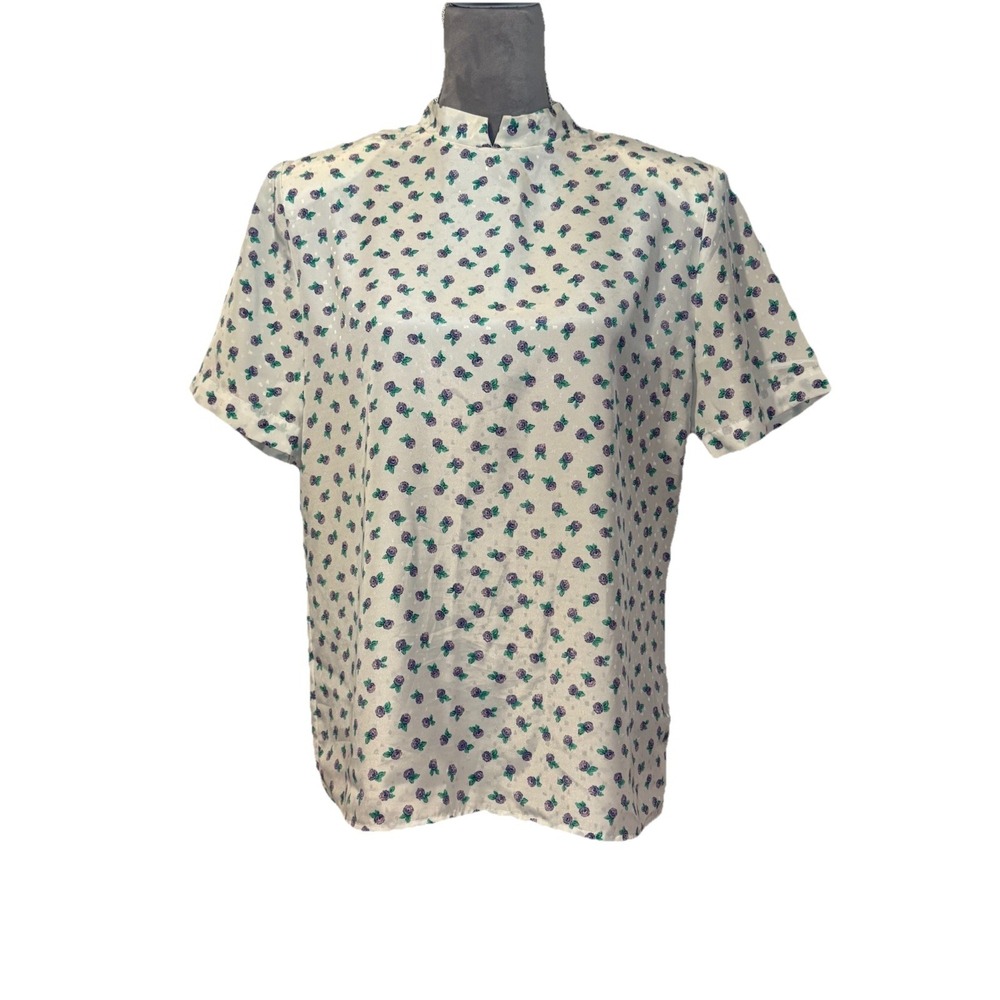 Vintage Pykettes Women's White Purple Floral Cottagecore Blouse Top Shirt‎ Sz 12